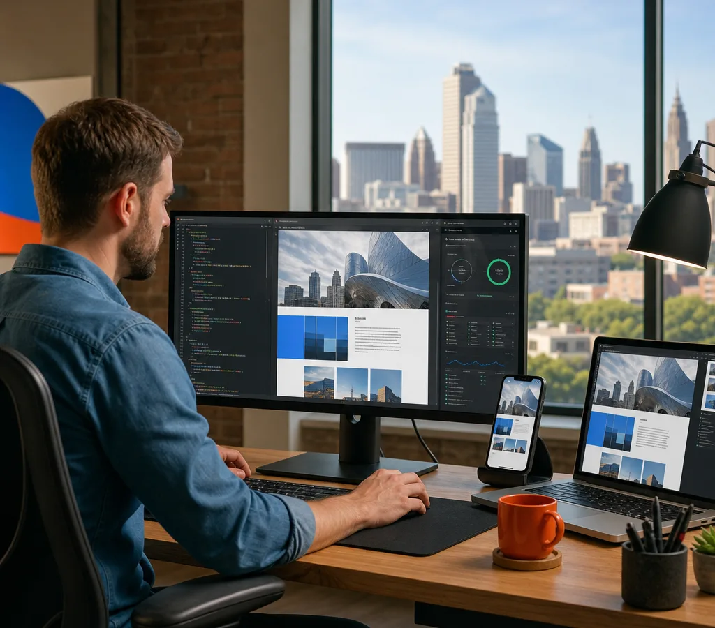 Tulsa-based web developer reviewing a responsive website with a code editor and performance audit