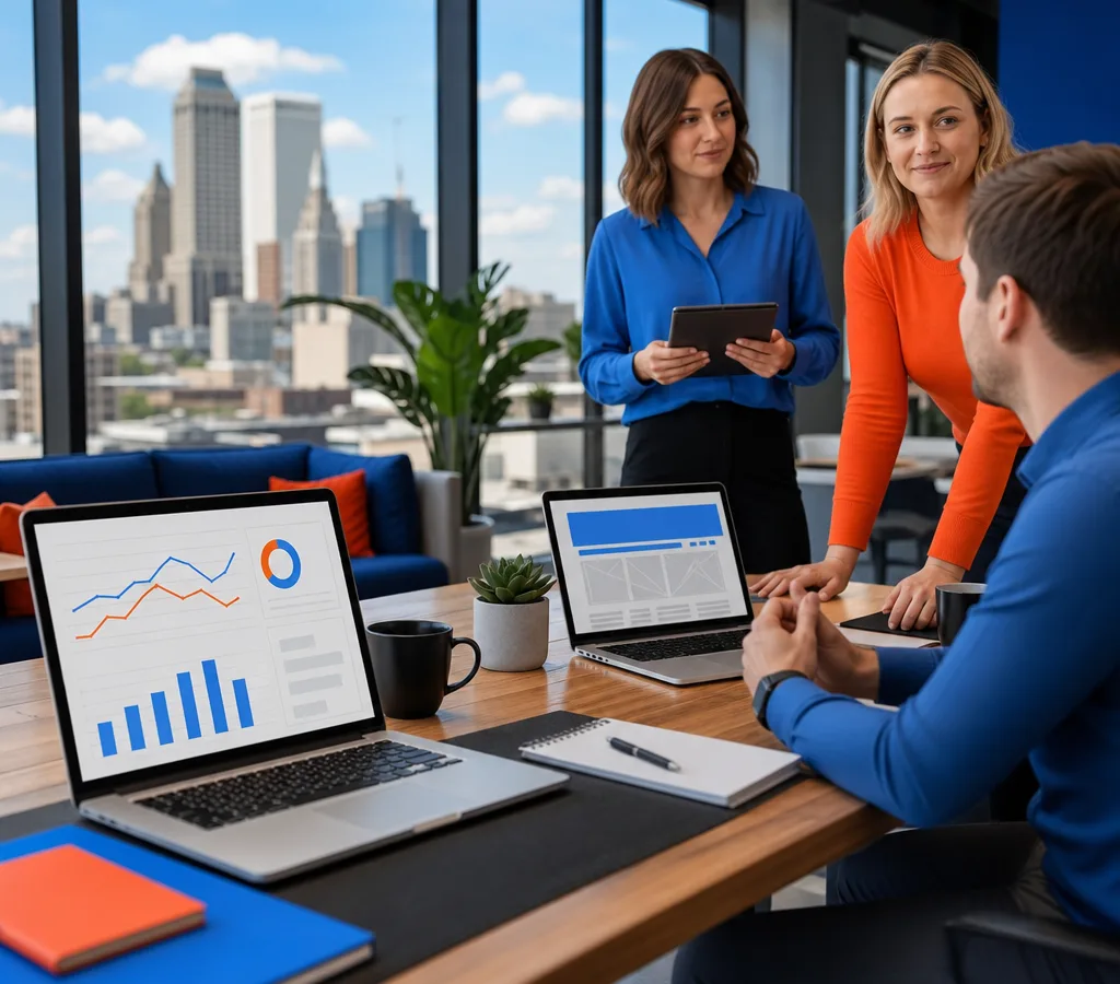 Modern marketing workspace with website analytics and wireframes connecting digital strategy to web performance