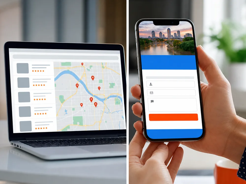 Local search map listings beside a mobile-friendly Tulsa service landing page and contact form